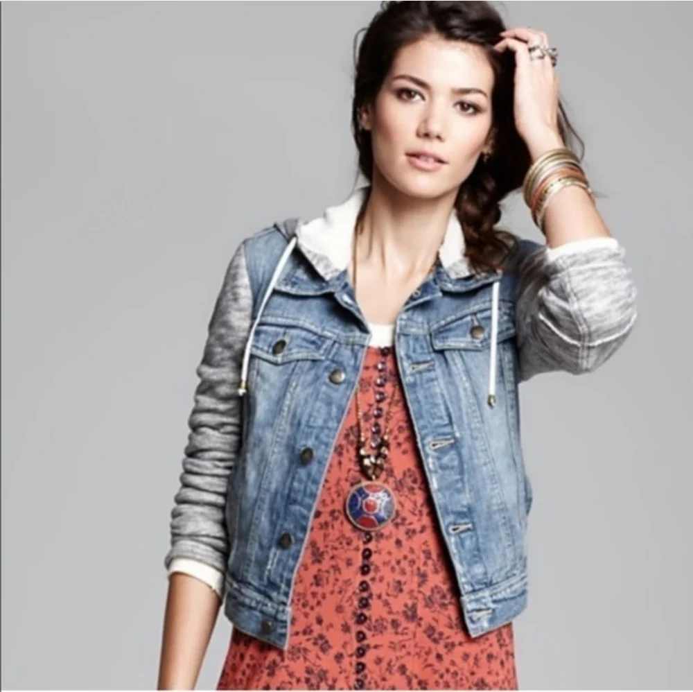 Free People Distressed Denim & Knit French Terry Hoodie Jacket,Blue/Gray, Size L